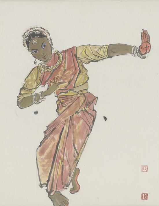 张仃，舞女，67X53，纸本彩墨，1960年代