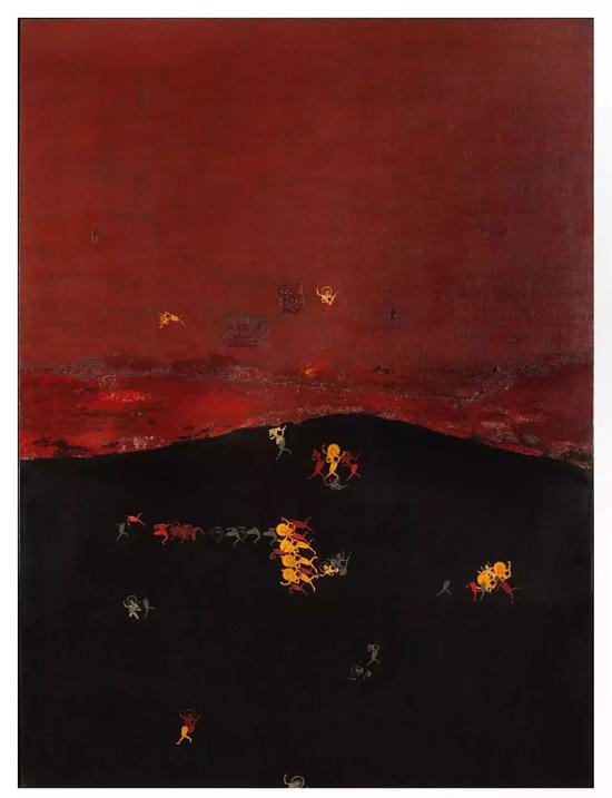 翁纪军，《古格印象系列之七》，木板大漆苎麻 ，92.5x124cm，2013年