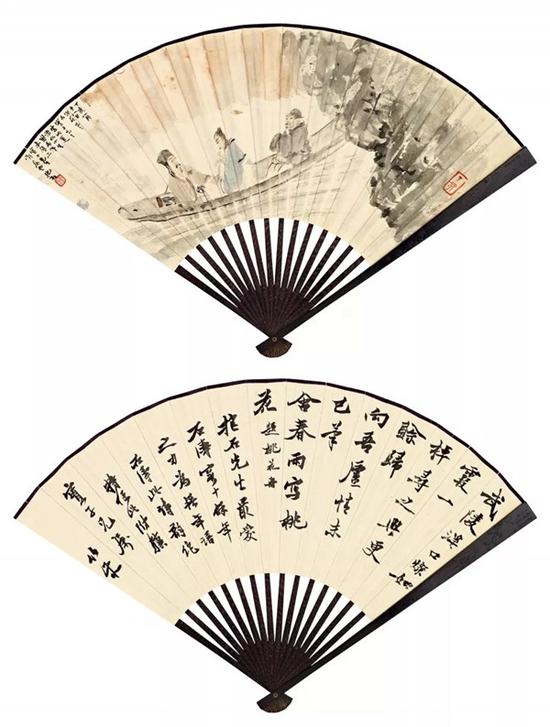 Lot 384 　　傅抱石（1904-1965） 赤壁舟泛 　　陈伯庄（1892-1960） 石涛《题桃花册》 　　成扇 设色纸本