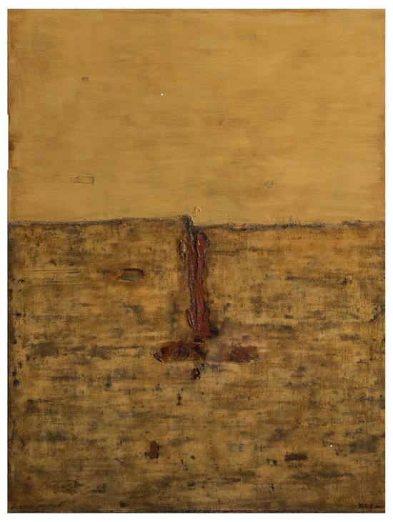 翁纪军,《古格印象系列之2013-1》,木板 大漆 苎麻,122x92cm,2013年