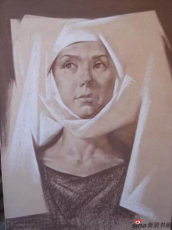 戴头巾的女子  王剑锋  60x80cm  纸本素描 （索斯 散基那） 2006年