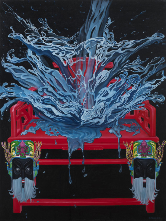 丁秋发代表作       给椅子洗个澡 布面油画120X160CM Stool bath 。Oil on canvas 2008