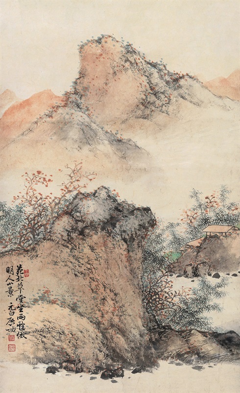 启功 仿明人山水 设色纸本 52×30 cm 款识 苑北草堂坐雨，戏仿明人小景。元白启功。 钤印 启功、苑北、非白能之