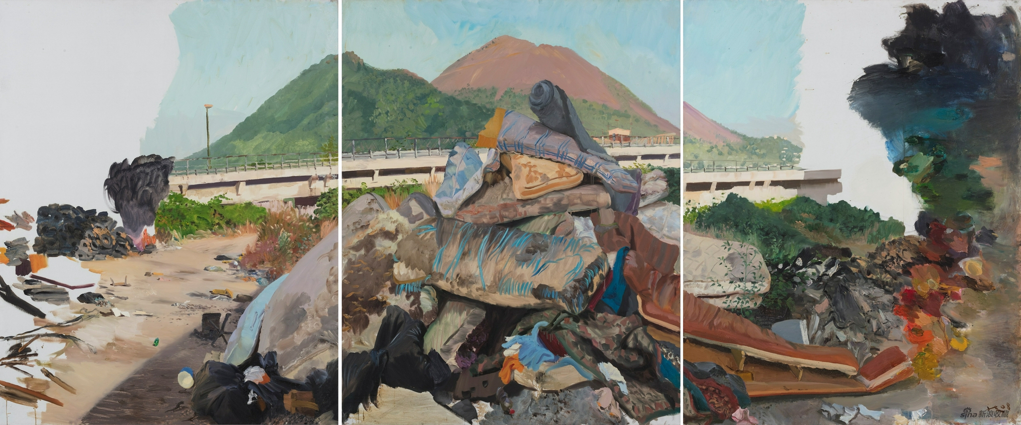 刘小东|Liu Xiaodong 《上火(三联画)》|Flame(Triptych) 布面油画 |Oil on canvas,250 × 600 cm,2008 ?艺术家和华艺国际拍卖