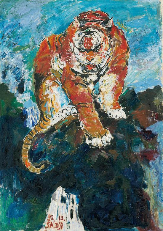 沙耆，虎视66×45.8布面油画1992年