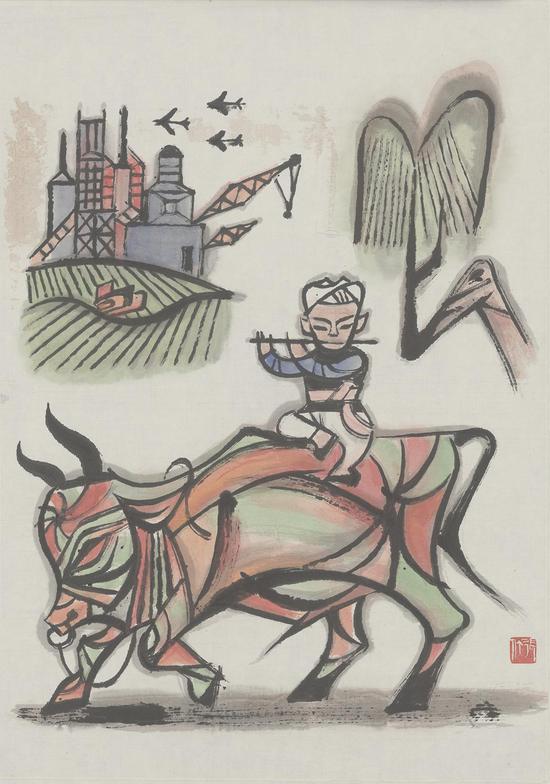 张仃，小放牛，46×33cm，纸本彩墨，1960年代