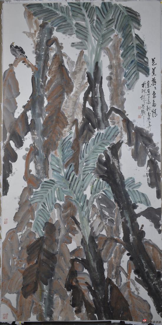 方学奇作品《芭蕉叶叶鸟多情》 124x248cm