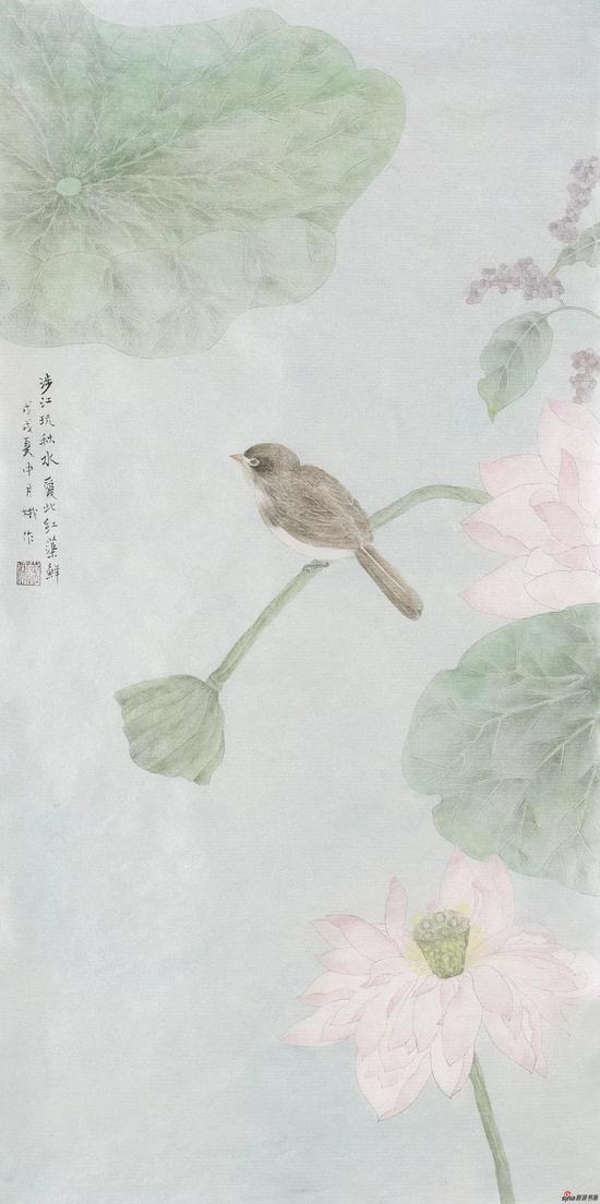 黄月娥-爱此红蕖鲜-绢本设色-67cm-33cm