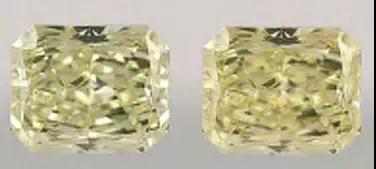 图片中左侧的钻石可以看到一些明亮的斑点，而在用数字技术将这些亮点移除后，我们可以看到彩钻的颜色有明显的加深。