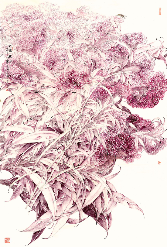 李采姣，红耀东方，纸本没骨，200x132cm，2018年，入选浙江省第七届青年美展