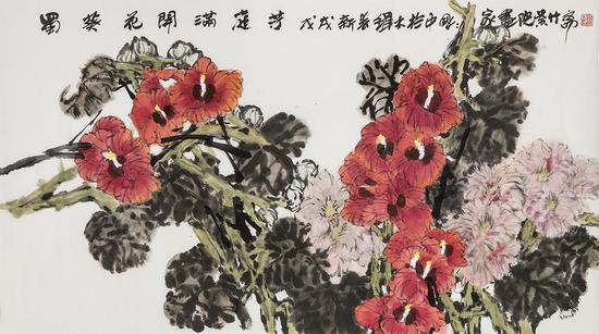 裘缉木 《蜀葵花开满庭芳》 39x160cm