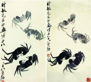 左：蟹（伪作） 右：齐白石《蟹》 收录于《齐白石画集》