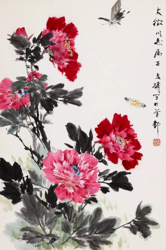 近现代  王雪涛(1903-1982)  牡丹蝴蝶  立轴   设色纸本  67cmx44cm