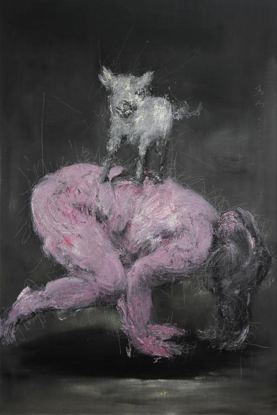 猪一直在思考要不要放弃群体生活 2017,120x180cm高密度板油画
