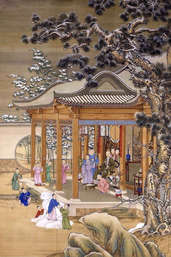 清 郎世宁、沈源、周鲲、丁观鹏 《弘历雪景行乐图》