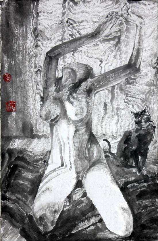 慵懒系列十七，尺寸：68x45cm，创作年代2014，材质，水墨、宣纸