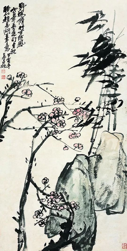 近现代  吴昌硕( 1844-1927)  野梅修竹图  设色纸本  135cmx67cm