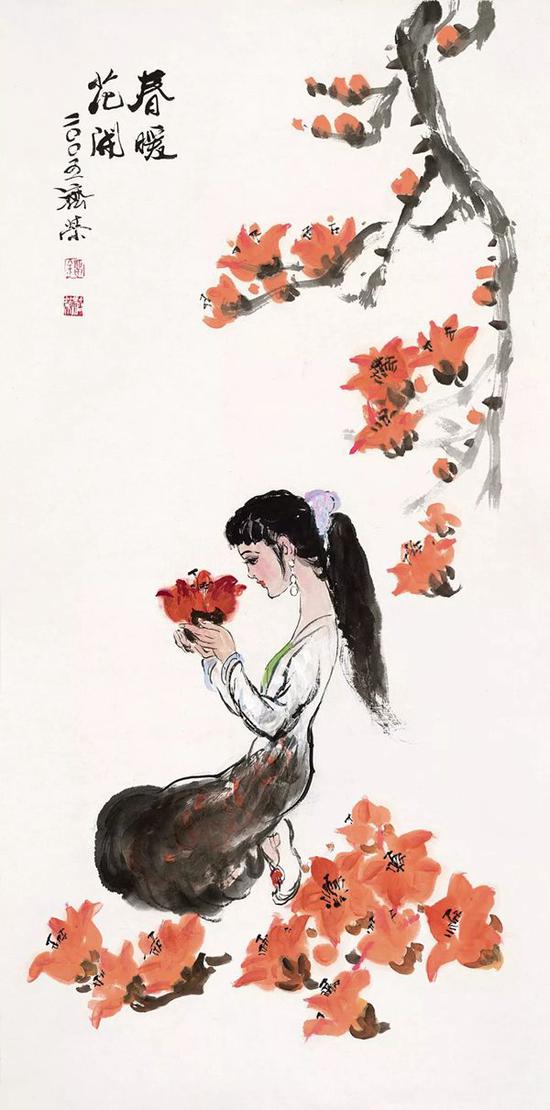 刘济荣  春暖花开  　　镜片  设色纸本 　　138×70cm