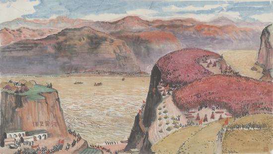 古元，黄河颂（人民大会堂延安厅壁画定稿），56X100，纸本彩墨，1971