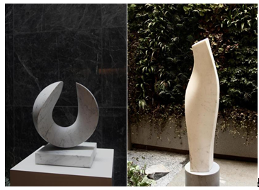 从左至右： 　　尼古拉贝杜（Nicolas Bertoux）环（Ring）⽩⾊卡拉⼤理⽯ 34x29x39cm 　　@时代独白当代艺术作品群展 　　萨璨如（Cynthia Sah）运动中的⼏何（Geometry In Movement）30x36x149cm 40x40cm 　　@时代独白当代艺术作品群展