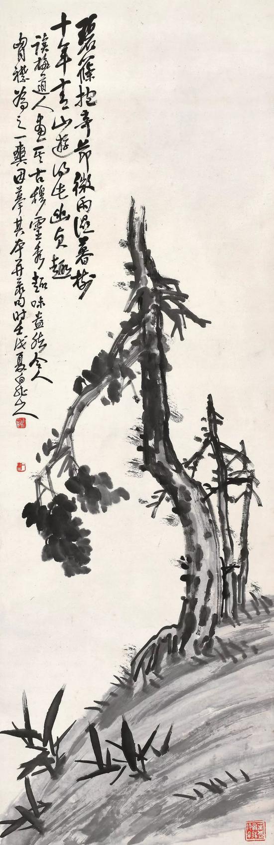 Lot357 王震（1867-1938） 幽柏碧筱 　　立轴 水墨纸本 　　壬戌（1922年）作 　　题识： 碧筱抱奇节，微雨湿暮树。十年青山游，得此幽贞趣。读梅道人画，其古穆灵秀、趣味盎然，令人胸襟为之一爽，因摹其本并录句。时壬戌夏，白龙山人。 　　钤印：王震大利、一亭、一生低首拜梅花 　　出版： 《王一亭的使用印和书画》第73页，（日本京都）丸孙商店出版部，2016年1月 　　123.5×39.7 cm。 约4.4平尺