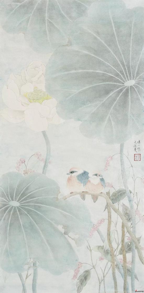 张琪儿-一茎孤引绿，双影共分红-绢本设色- 67cm-33cm