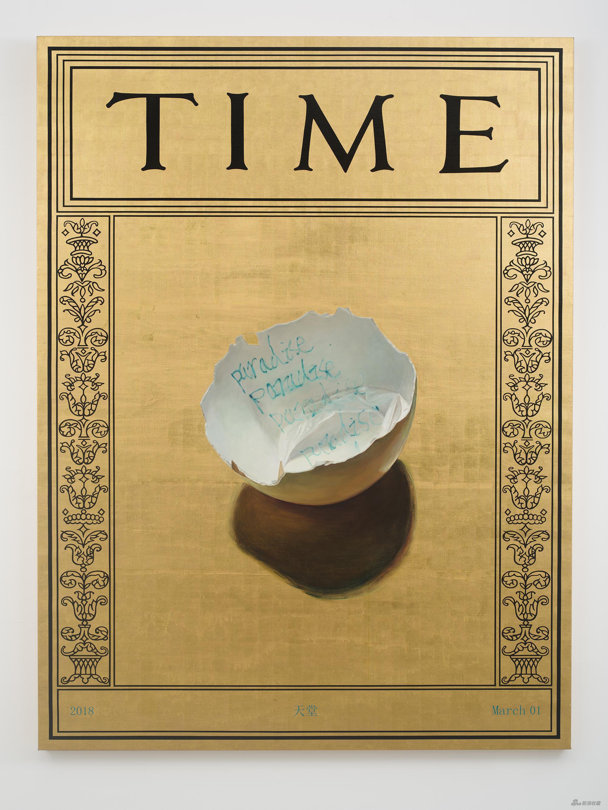 刘任,Heaven 天堂, 200x50cm, 布面油画,金箔,综合材料, 2018