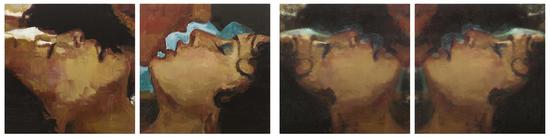 李青,《互毁而同一的像·爱201604》,照片90×90cm×2+油画90×90cm×2,2016