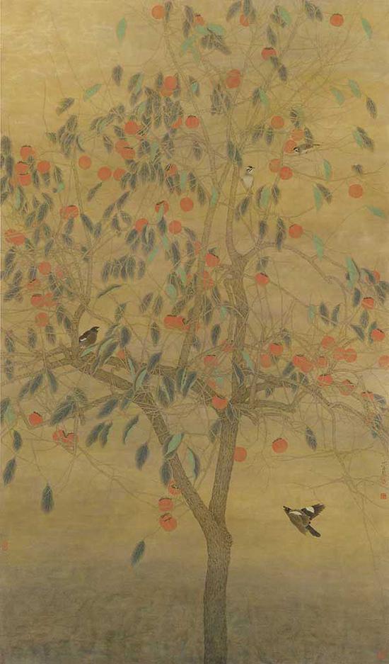 硕果满枝耀深秋 纸本设色 240x140cm