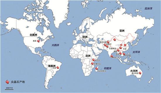 世界主要尖晶石产地分布地图
