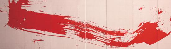 朱青生,《放大书法07909》,画布朱墨,240×840cm,2015年