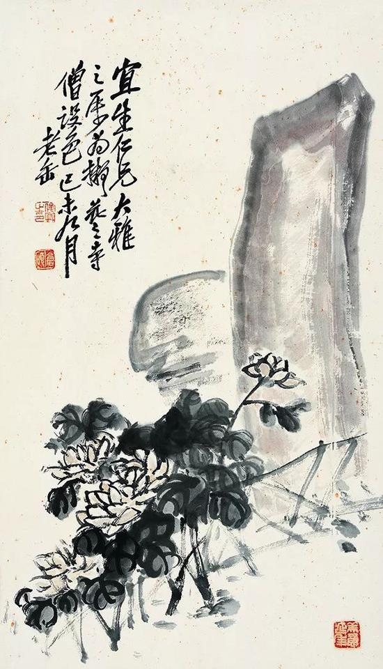 近现代  吴昌硕( 1844-1927)  吉石图  设色纸本  69cmx32cm