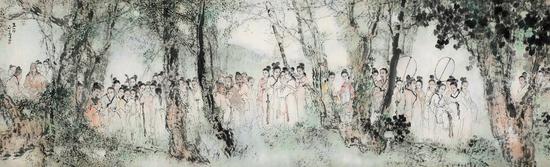 杨善深 丽人行 　　镜片 设色纸本 　　1987年作 　　246×75 cm