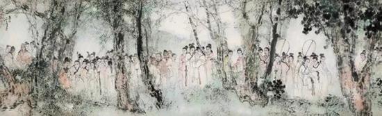 　　杨善深 丽人行 　镜片 设色纸本 　1987年作 　246×75 cm。 　成交价：RMB 7，935，000