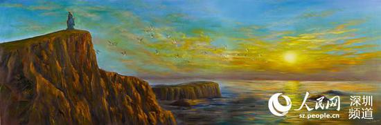该油画描绘了中国古代著名教育家孔子登高观看日出的场景。