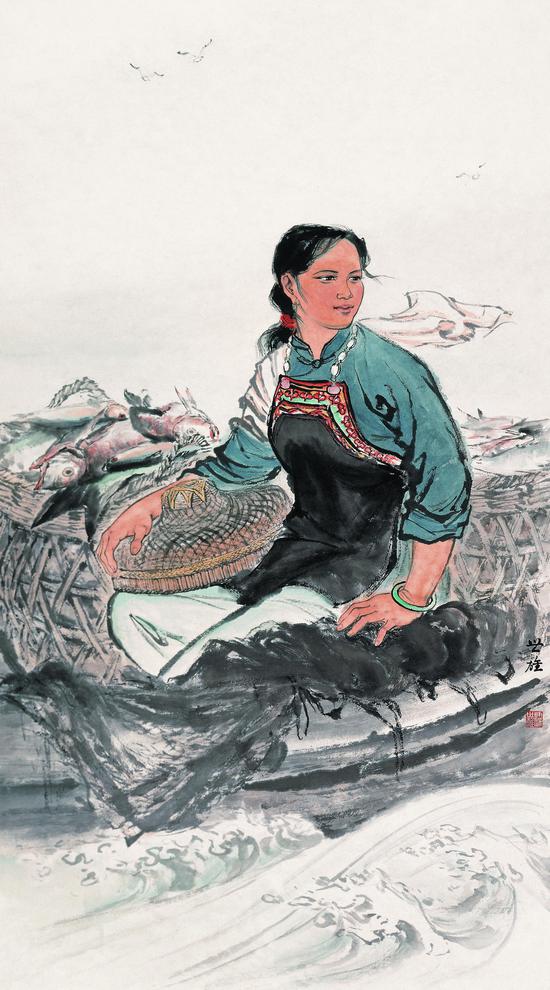 梁世雄 归渔 中国画 纸本水墨设色 147X82 1959  中国美术馆藏