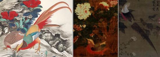 左：拍品《锦上添花》局部；中：徐熙《玉堂富贵》局部；右：宋徽宗《芙蓉锦鸡》局部