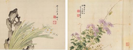 容祖椿 水仙蜜蜂、菊花小虫 　　设色绢本 镜片 　　31×40.5cm×2