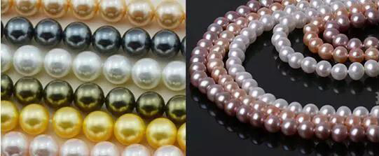 各种颜色的贝珠（左）和珍珠（右）