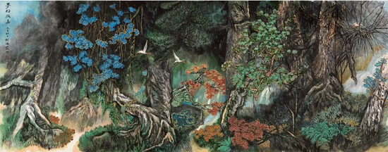 梦幻成真 己巳(1989 年)作 镜心 设色纸本 144×367cm 题 识: 梦幻成真。己巳秋日,何海霞作。 钤 印: 何瀛、海霞、霞光万道