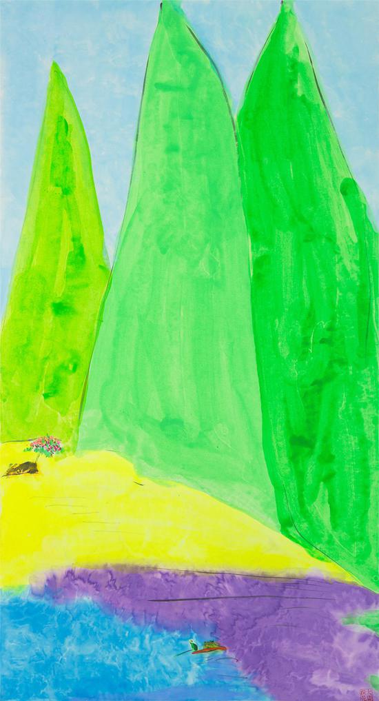 丁雄泉，春花紫水山景图，水墨 丙烯 宣纸，180x97cm， 1990年代
