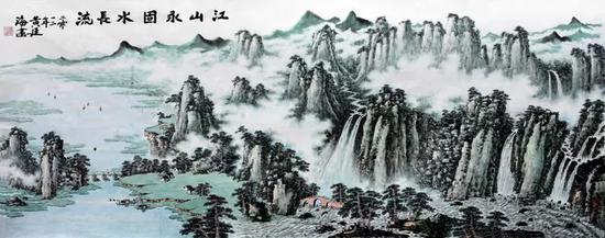 黄廷海江山永固水长流 164x364cm 　　（2012年黄廷海应邀为北京人民大会堂创作，并被布置收藏）