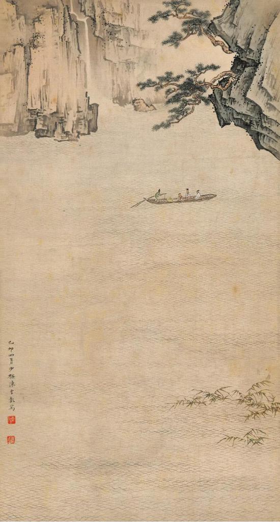 Lot 125 陈少梅(1909-1954) 赤壁夜游 立轴 设色绢本 己卯(1939年)作 题签:(陈东阳题)陈少梅《赤壁夜游图》。玉笋堂陈东阳鉴藏。 钤印:陈东阳印 本幅:己卯四月,少梅陈云彰写。 钤印:陈、少梅 尺寸:42.8×23 cm。 约0.89平尺 出版:《陈少梅绘画全集·上》第20页,天津人民美术出版社,2005年8月