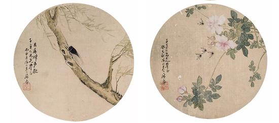 居廉 蝉、蜜蜂两帧 　　设色绢本 镜片 　　D：25cm×2