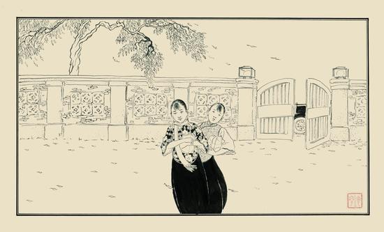 张光宇，红妆落叶图，30.5×48.5，纸本白描，1925年