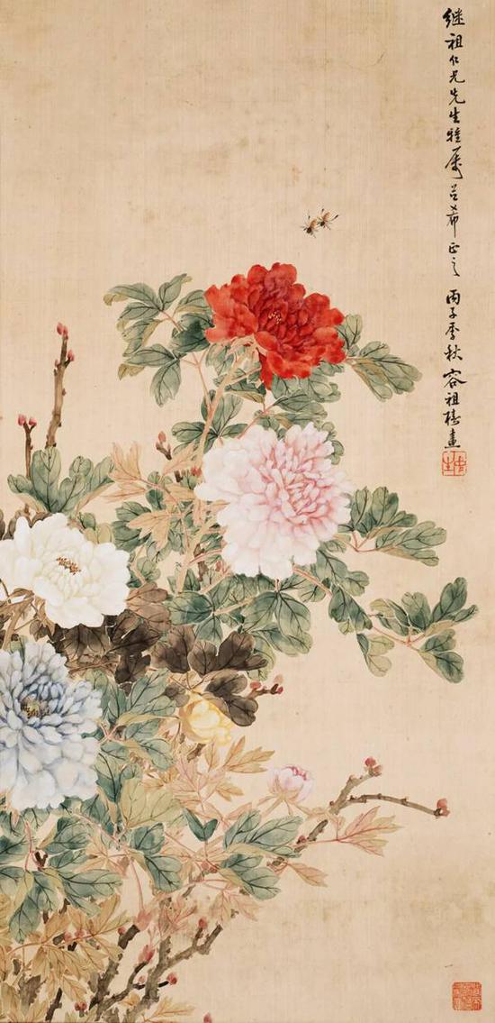 容祖椿 富贵蜂涌 　　设色绢本 镜框 　　82×40cm