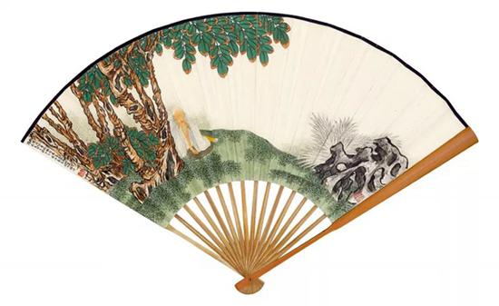 Lot 331 　　俞明（1884-1935） 著经图 　　王禹襄（1870-1935） 节临《黄庭经》 　　成扇 设色纸本