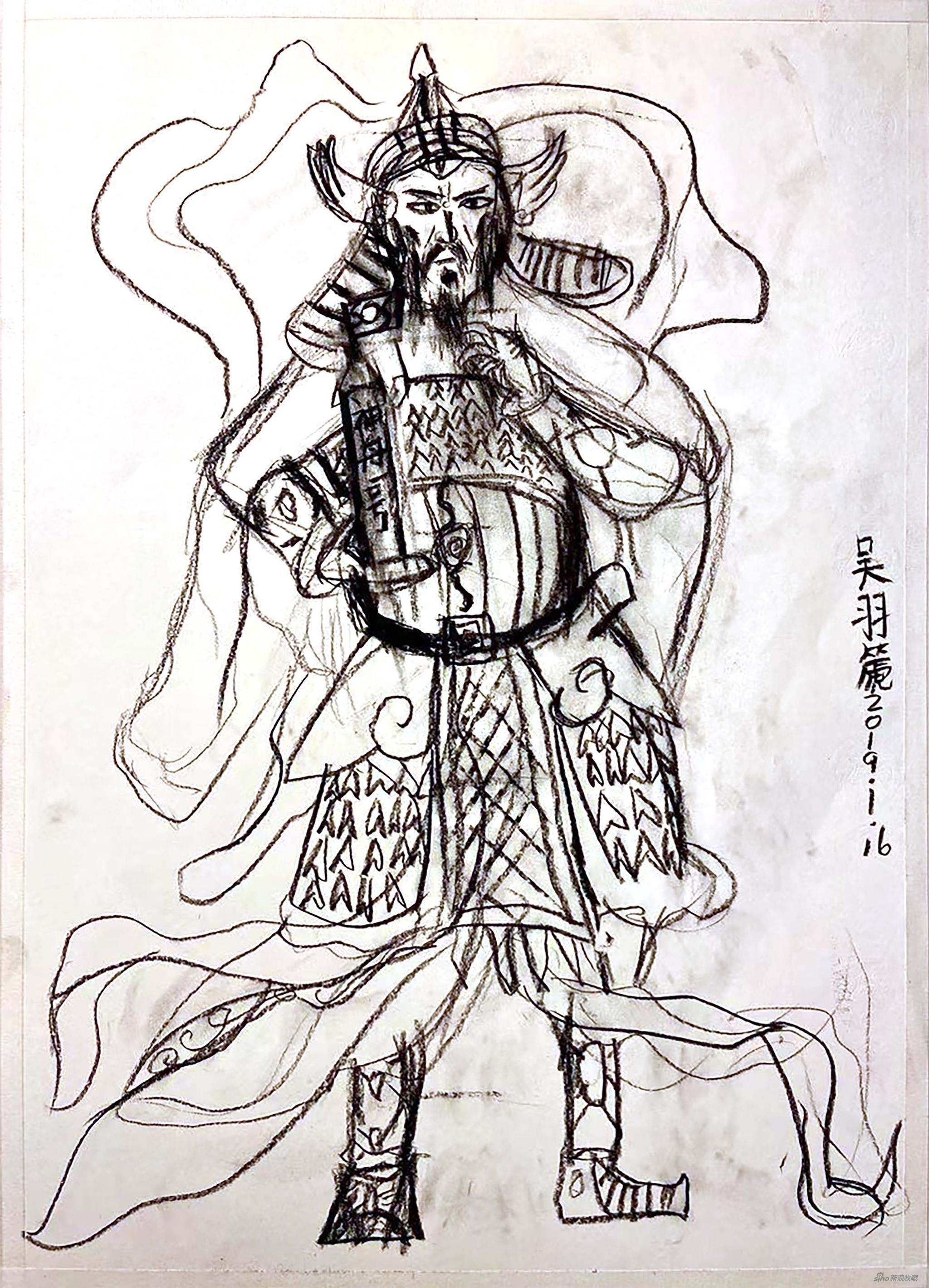 吴羽篪，《西游 | 托塔李天王》，2020，炭笔素描，38.9 × 54.6 cm，图片致谢艺术家