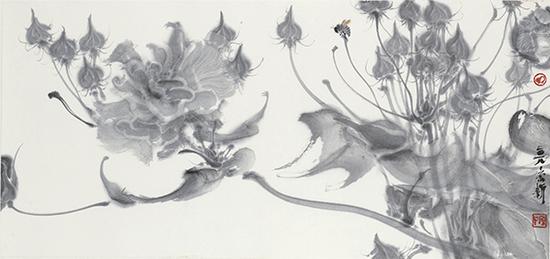 周京新 芙蓉之五 32×68.5cm 纸本设色 2018