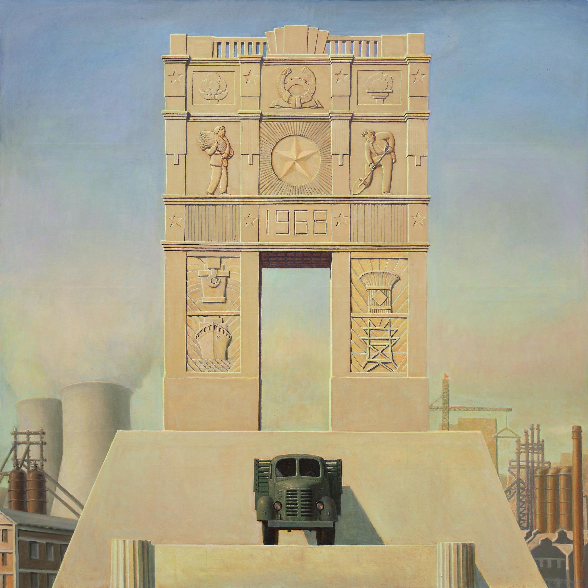 李尤松,《工业凯旋门》,2010,布面油画, 200 × 200 cm,图片致谢艺术家与非凡仕艺术空间